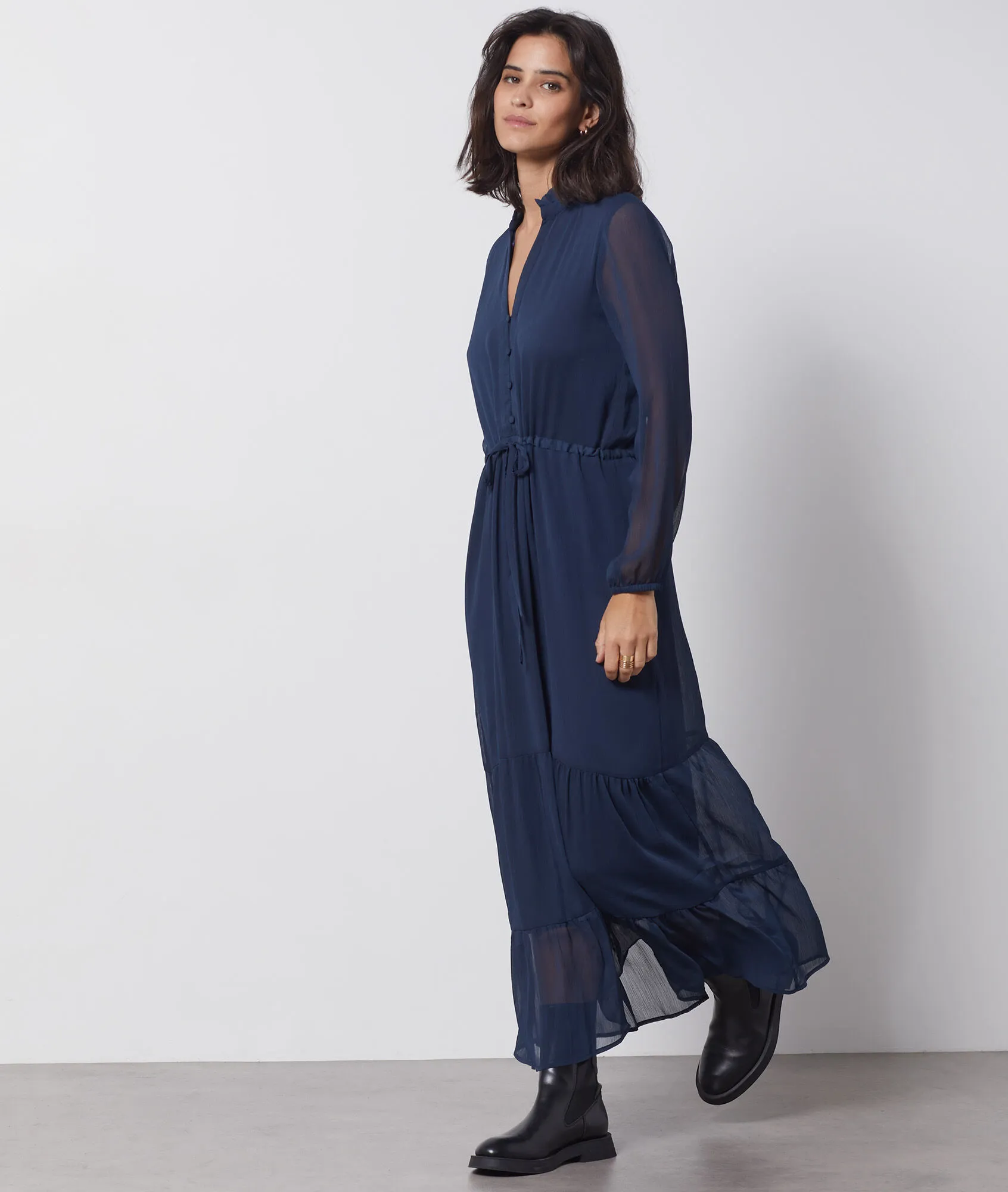 ROBE LONGUE MANCHES LONGUES BOUTONNéE OCEANE MARINE  ETAM