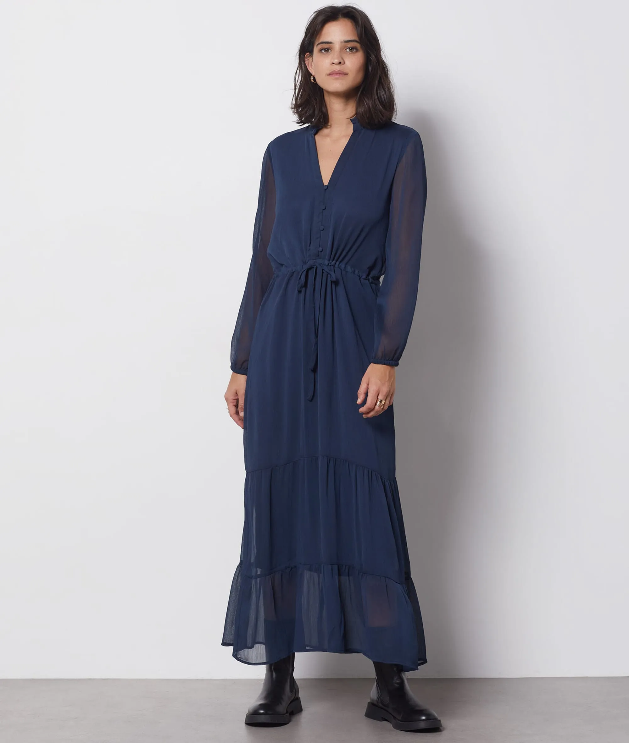 ROBE LONGUE MANCHES LONGUES BOUTONNéE OCEANE MARINE  ETAM