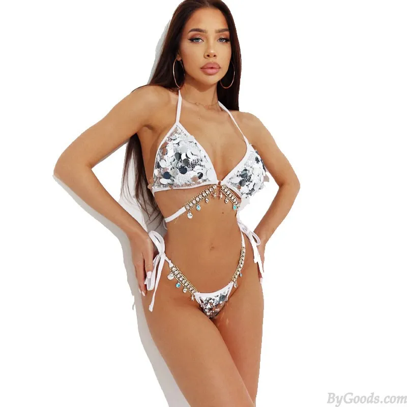 Sexy Sequin Cross Zircon Starfish Diamond Halter Party Costume Clubwear Swimwear Bikinis Swimsuits