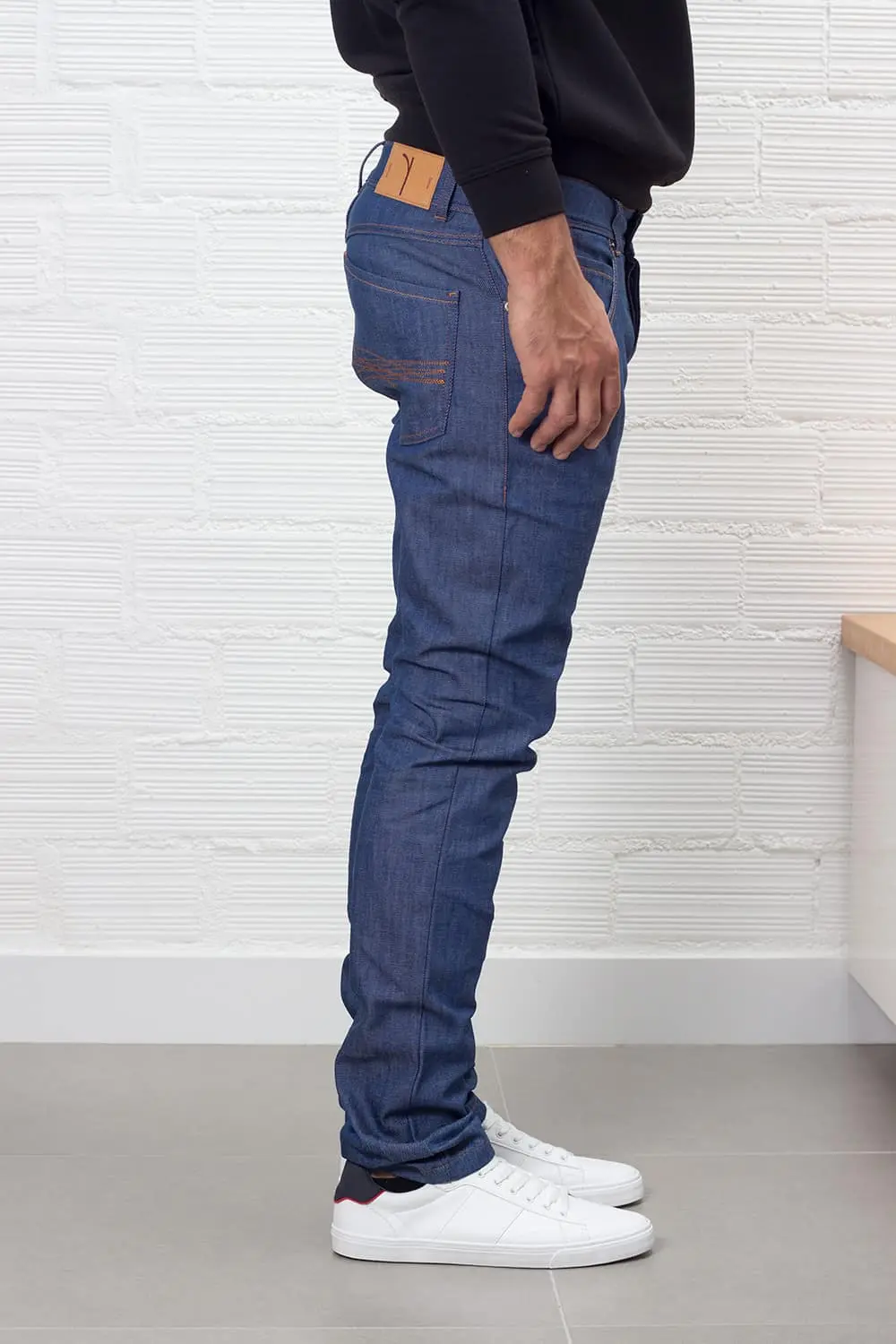 Slim fit men's organic cotton indigo jeans.