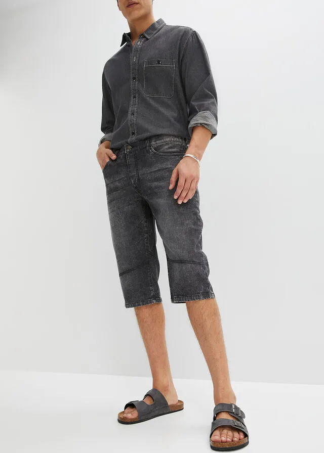 Stretch Denim Bermuda Shorts in Black Regular Fit