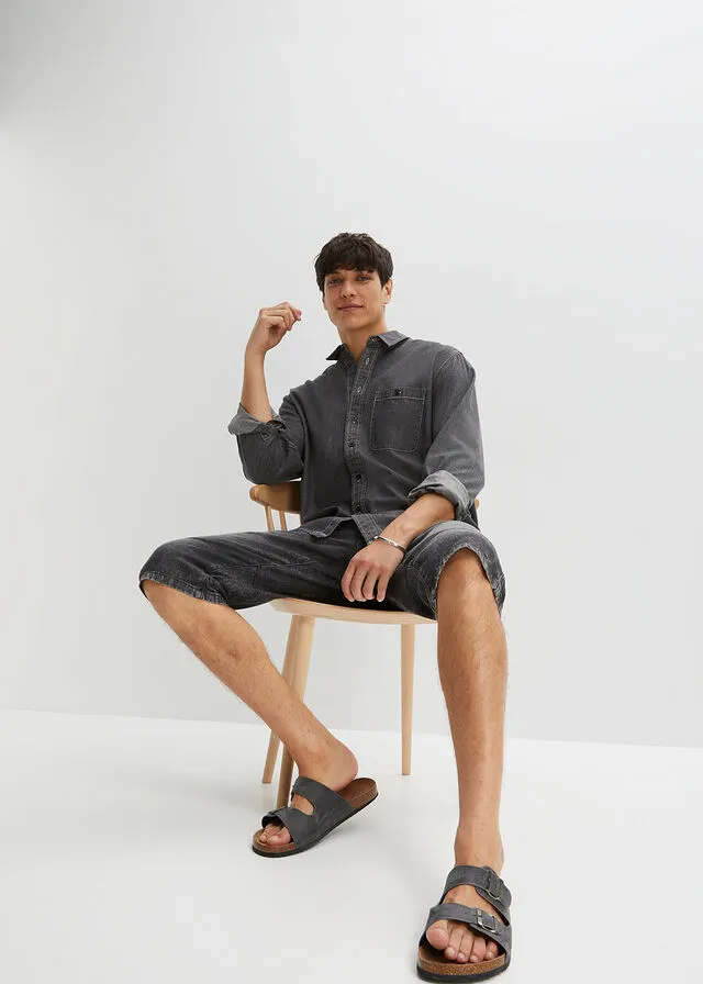 Stretch Denim Bermuda Shorts in Black Regular Fit