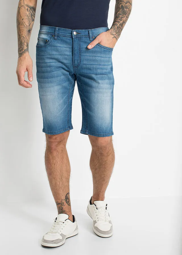 Stretch denim Bermuda shorts with reinforced crotch, regular fit, medium wash