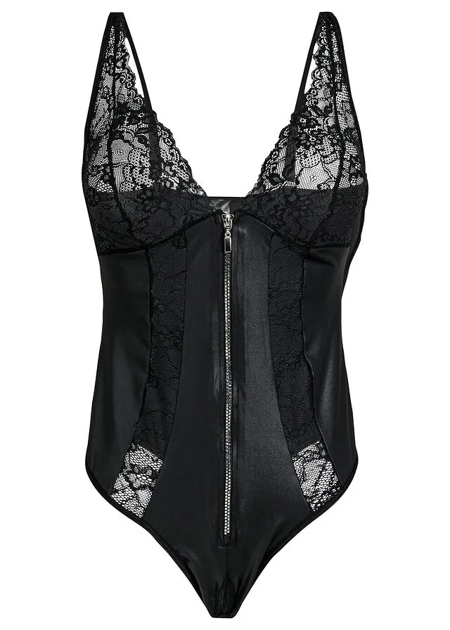 WET LOOK CROTCHLESS THONG BODYSUIT WITH ZIPPER  BLACK