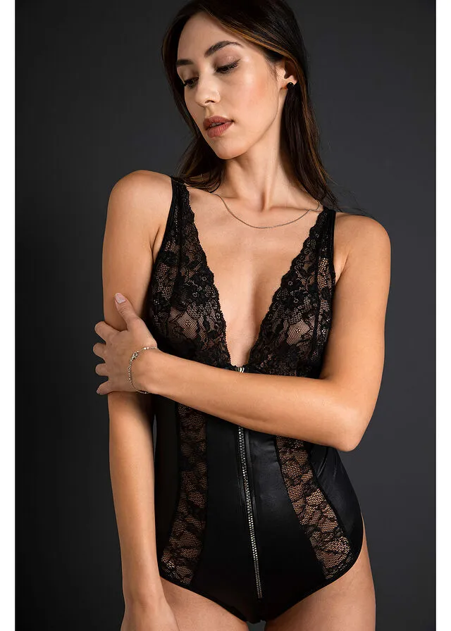 WET LOOK CROTCHLESS THONG BODYSUIT WITH ZIPPER  BLACK