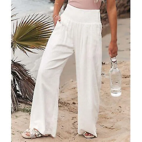 WIDELEG LINEN COTTON PANTS FOR WOMEN WITH ELASTIC WAIST  IN STOCK