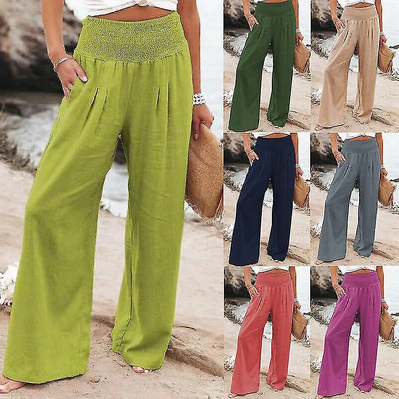 WIDELEG LINEN COTTON PANTS FOR WOMEN WITH ELASTIC WAIST  IN STOCK